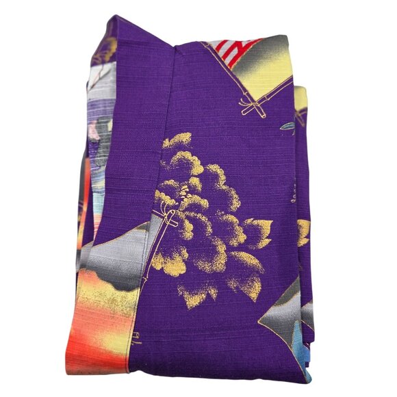 Japanese Kimono Robe Raw Silk Geisha Landscape Print Purple Open Front Belt Vtg - Picture 10 of 10